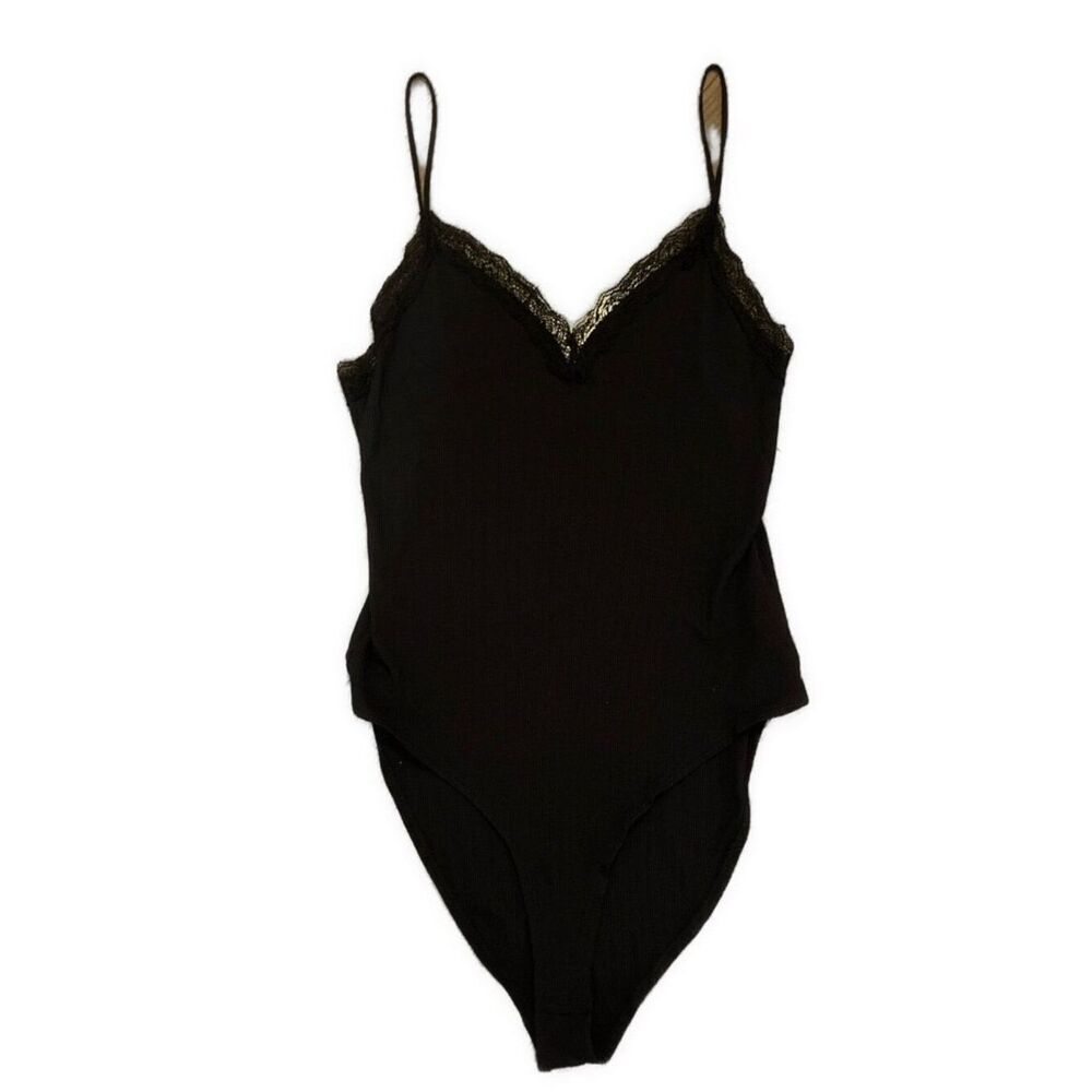 zara 4172/087/800 bodysuit solid black v neck lace ribbed tank cami Small